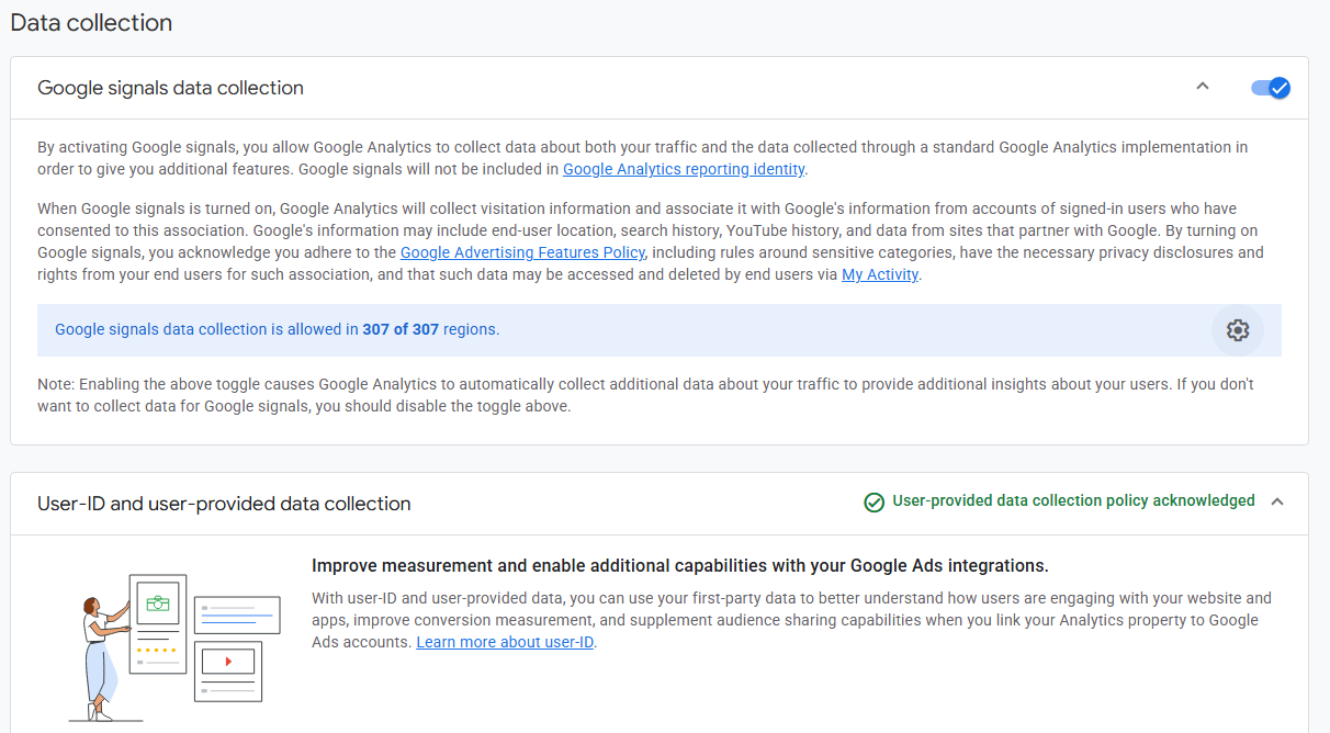 GA4 Data collection settings showing Google signals data collection enabled and User-ID and user-provided data collection acknowledged