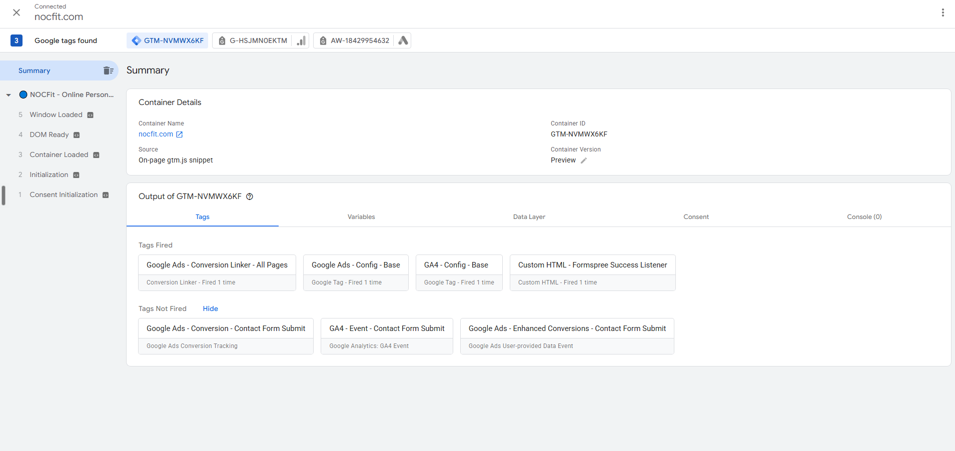 GTM Preview mode connected to nocfit.com showing fired and not-fired tags