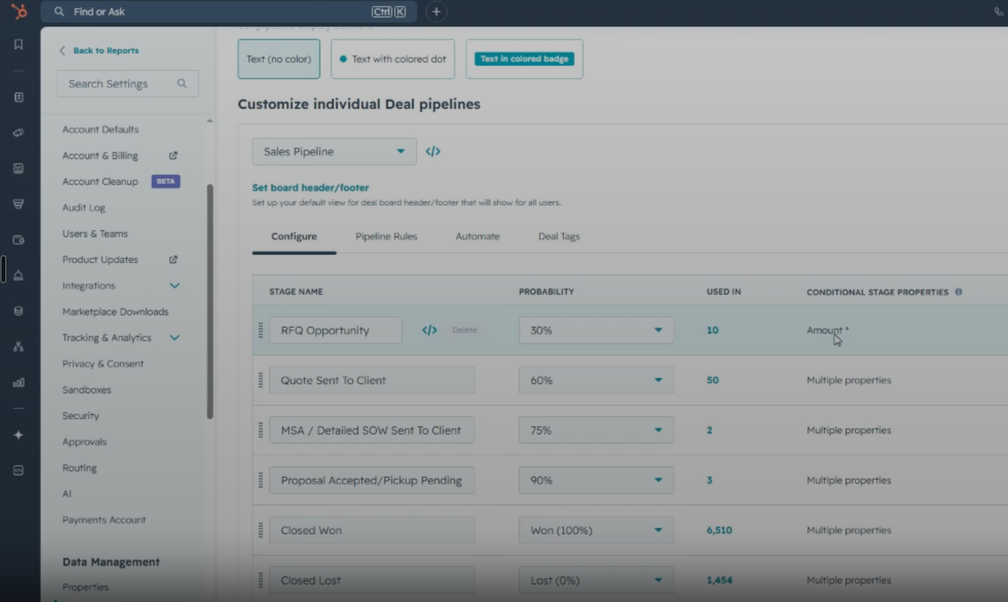 HubSpot pipeline settings showing customized deal stages with win probabilities, from RFQ Opportunity at 30% through Closed Won at 100%