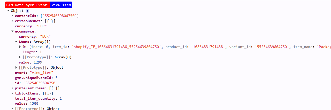 GTM Data Layer view of a Shopify view_item event with full ecommerce item data