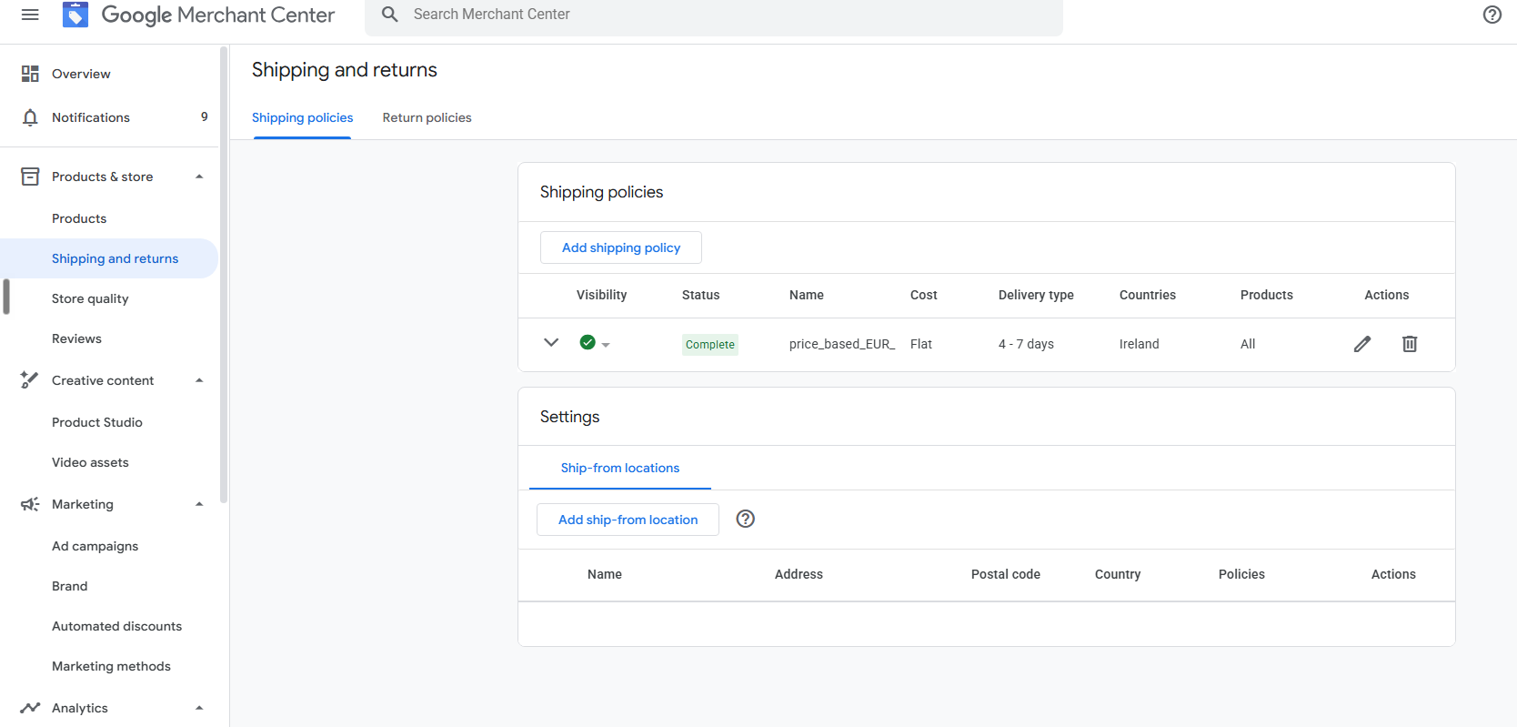 Google Merchant Center Shipping and returns screen showing a completed shipping policy and ship-from locations
