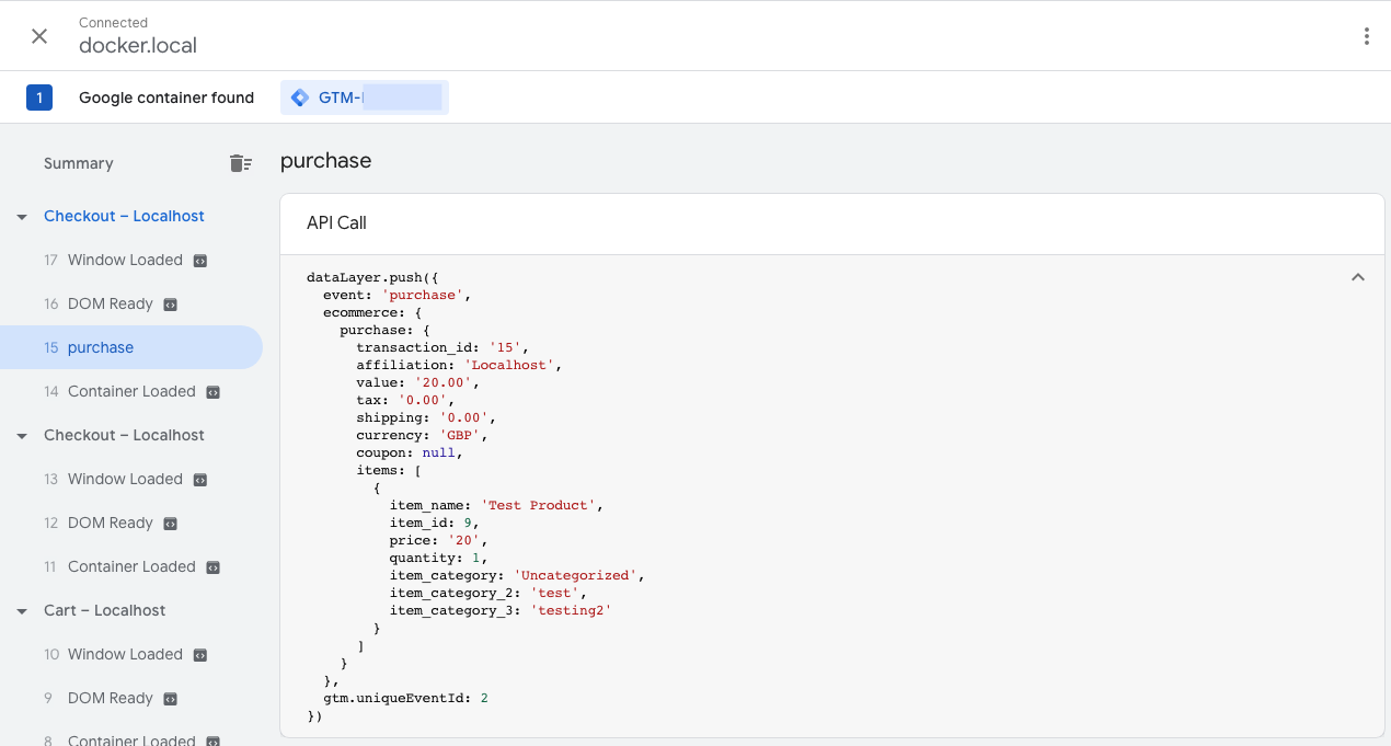 GTM Preview showing the WooCommerce purchase dataLayer event with transaction ID, value, currency and full item details