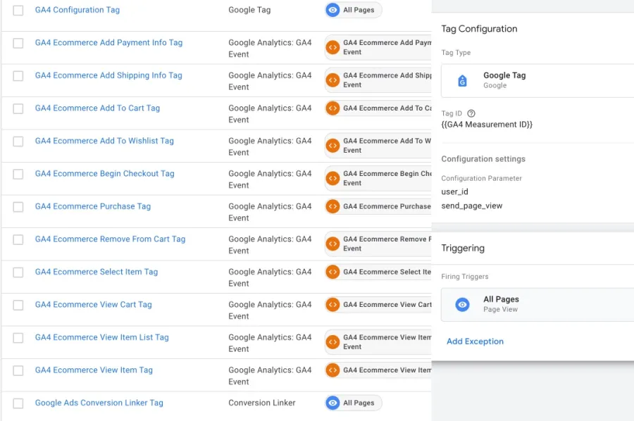 GTM workspace showing the full GA4 ecommerce tag set for a WooCommerce store with a Google Tag configuration