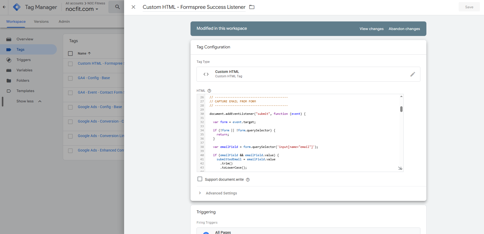 Custom HTML tag in Google Tag Manager containing a Formspree success listener that captures the submitted email