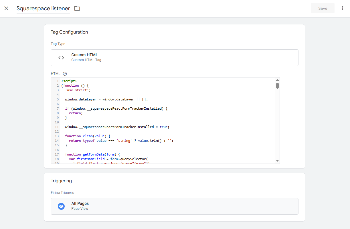 Custom HTML tag in GTM for a Squarespace form listener that tracks form submissions as conversions