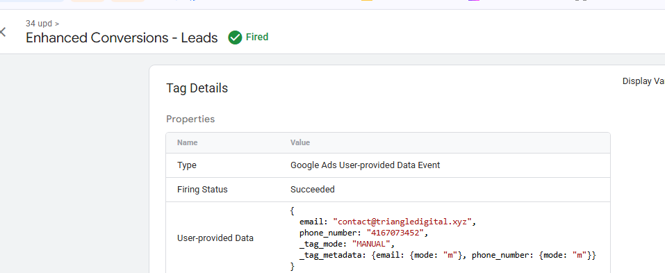 Google Tag Manager Preview showing the Enhanced Conversions - Leads tag fired successfully with user-provided email and phone number data