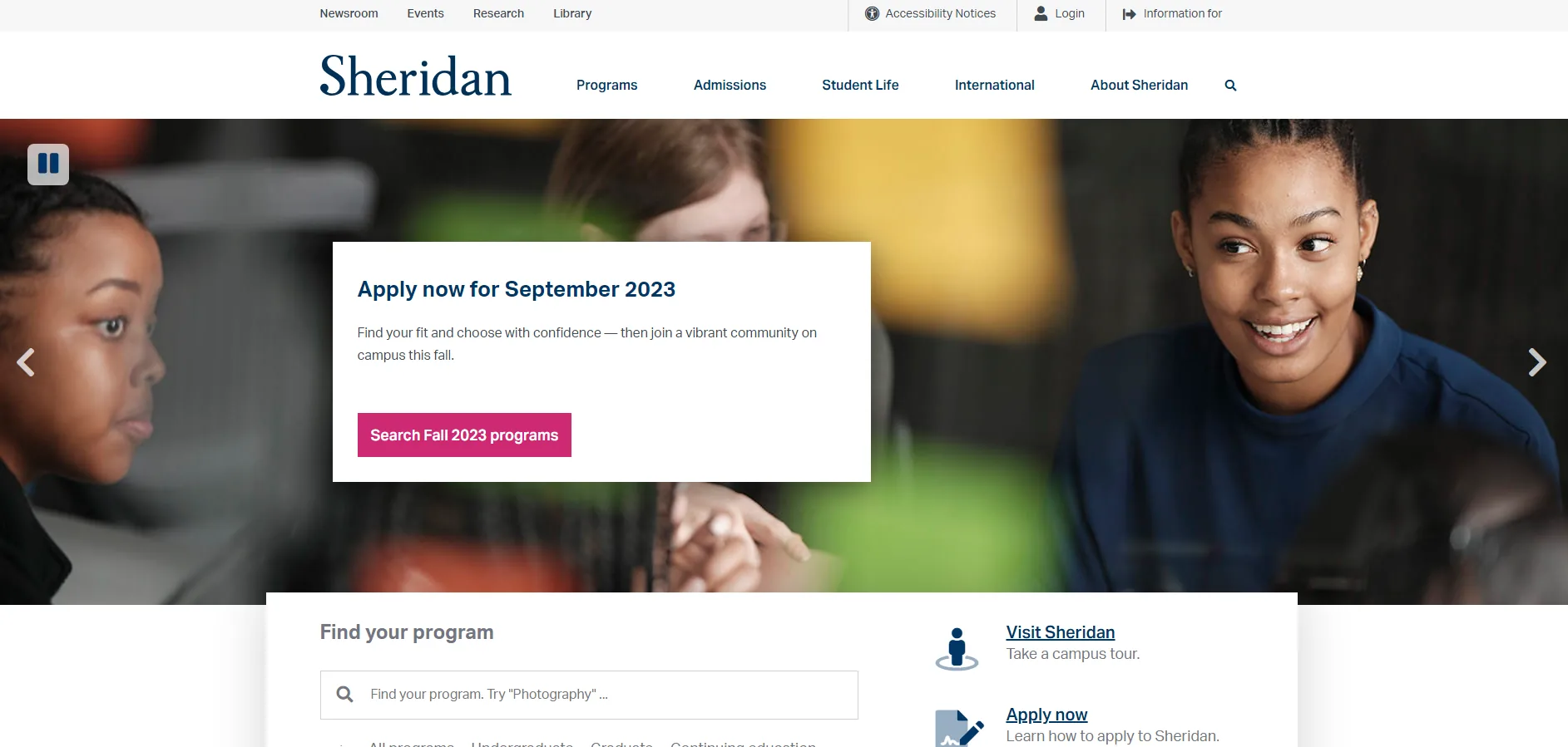 Sheridan College website screenshot
